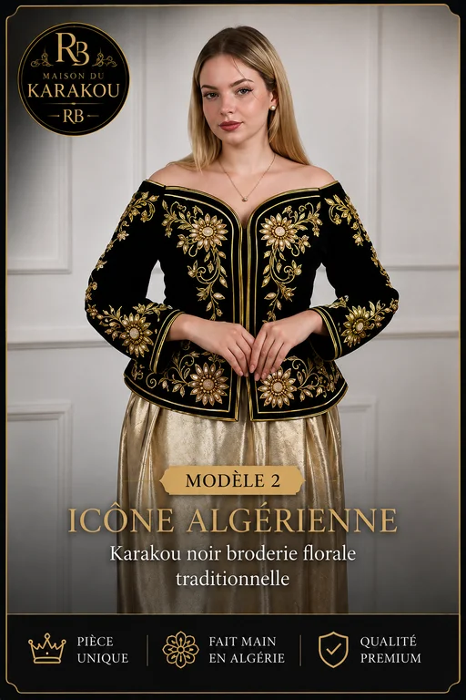 Karakou algérien noir avec broderie florale traditionnelle — Maison du Karakou RB